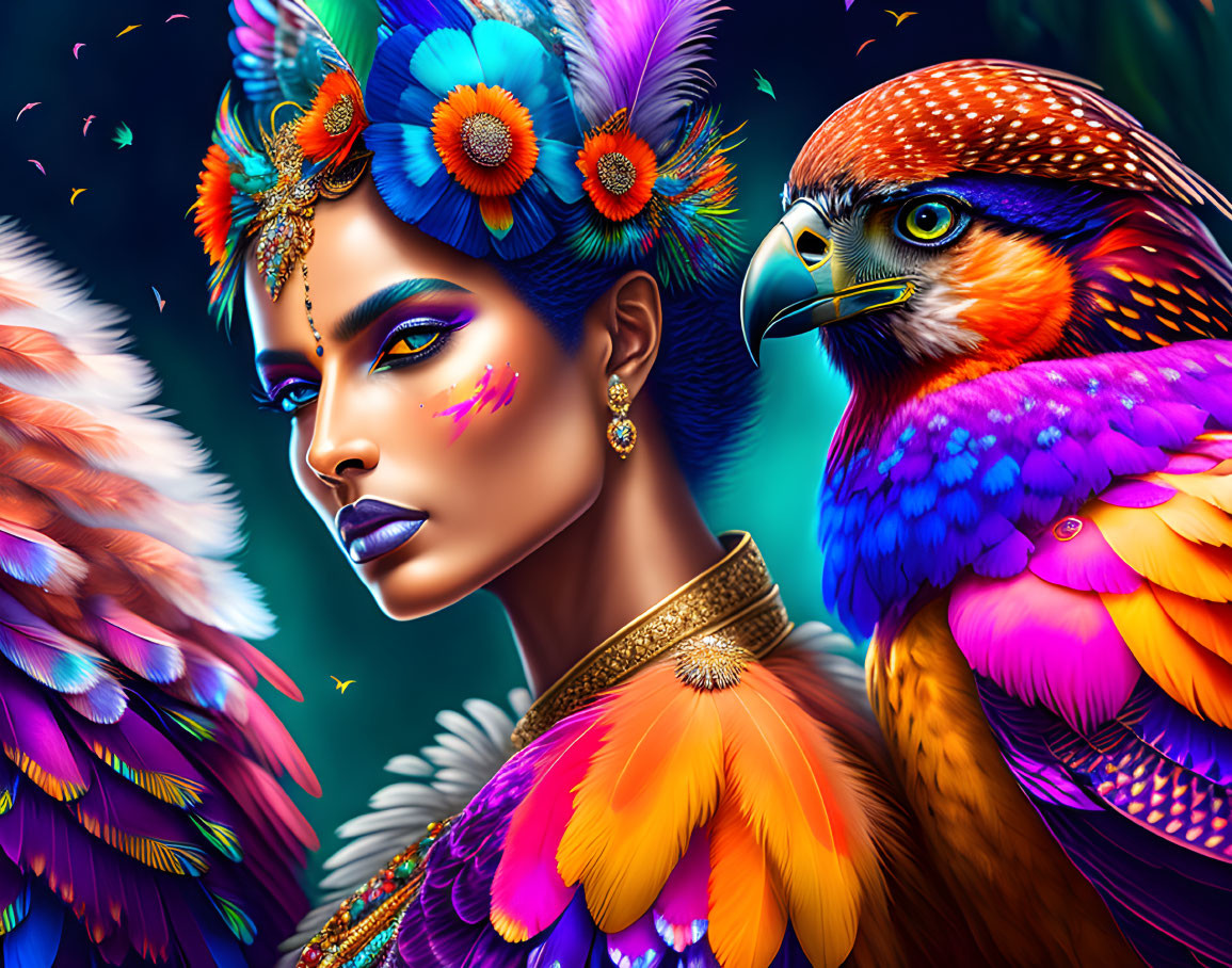 Colorful digital artwork featuring woman with feathers and parrot