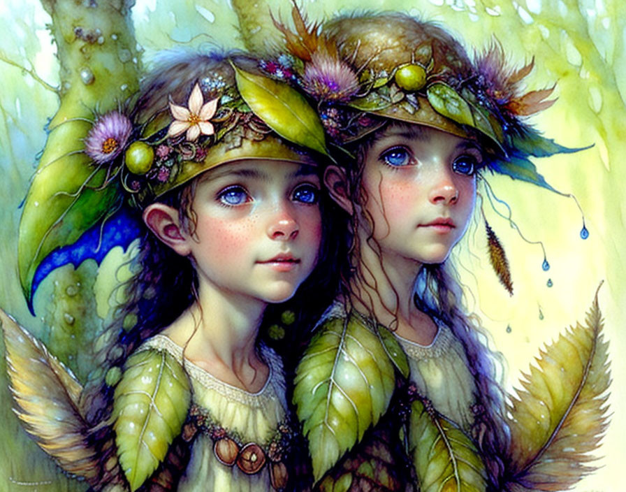 Whimsical children with leafy attire and floral headpieces in ethereal woodland setting