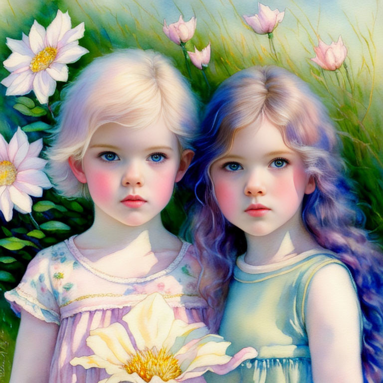 Illustrated young girls with blue eyes and pastel hair in floral setting