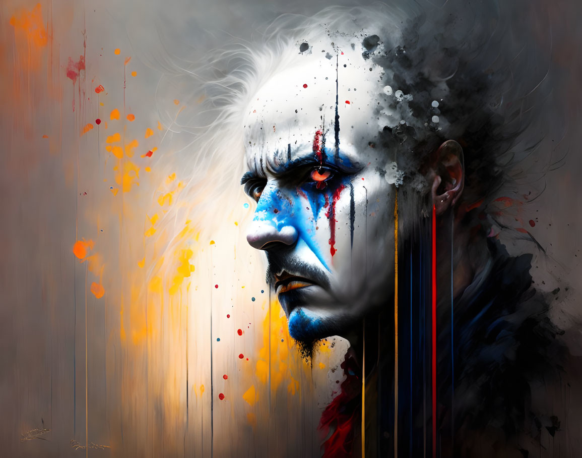 Striking digital painting of person with white hair and blue eyes