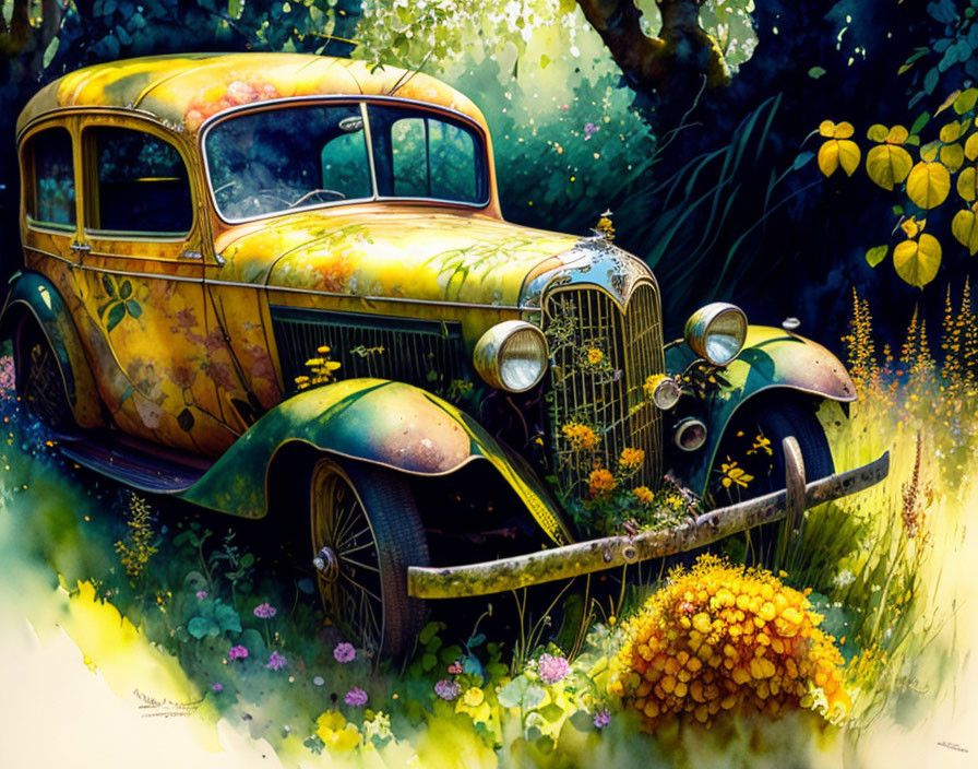 Illustration of overgrown yellow car in natural setting