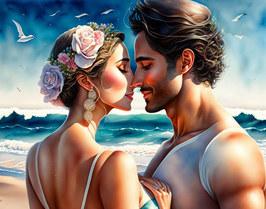 Romantic beach illustration: couple embracing, man shirtless, woman with flower in hair