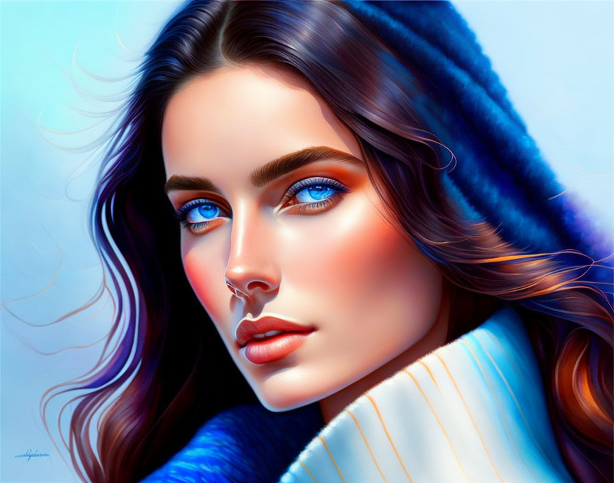 Digital illustration of woman with blue eyes and knitted cap in ethereal ambiance