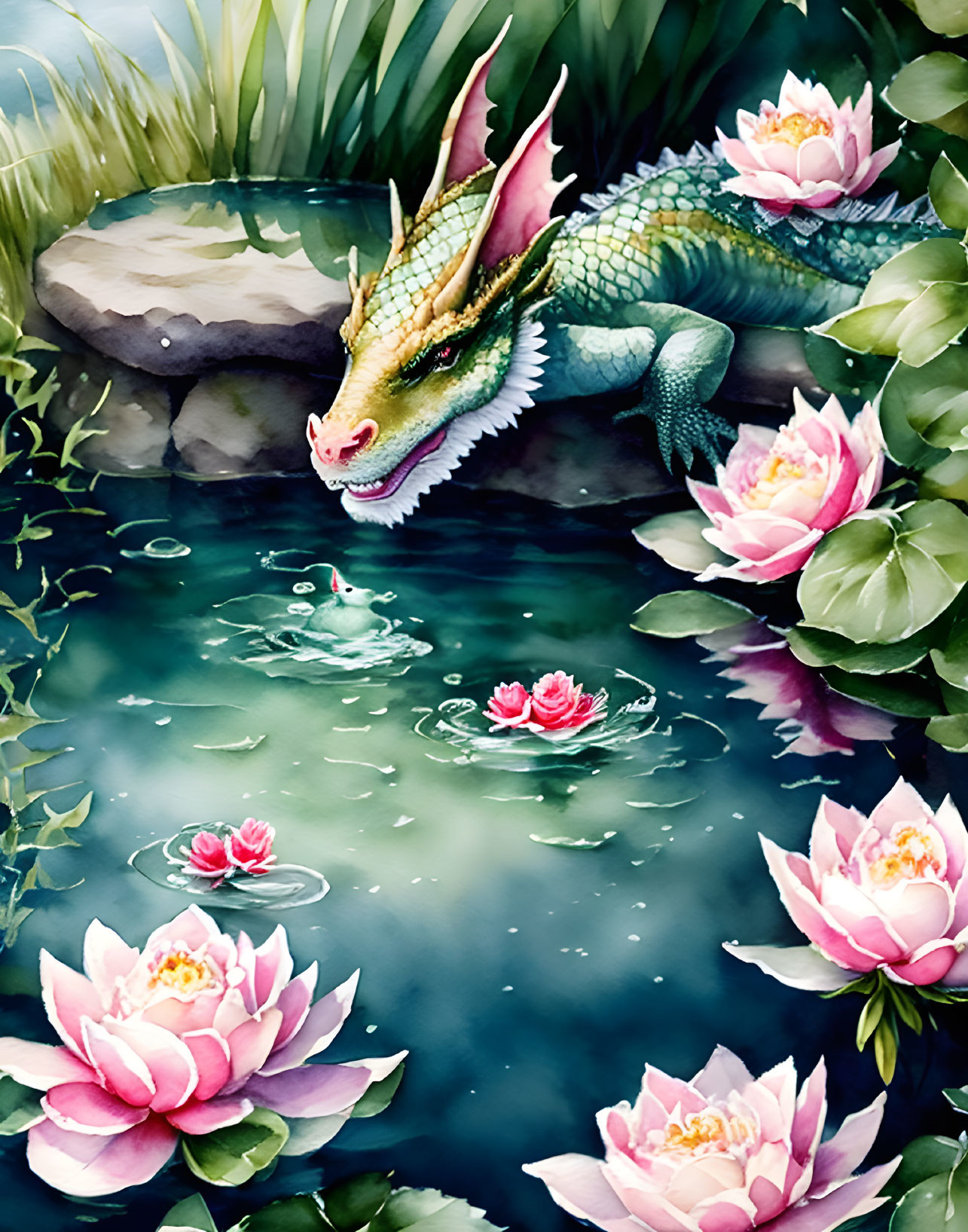 Vibrant dragon artwork by a pond with pink water lilies