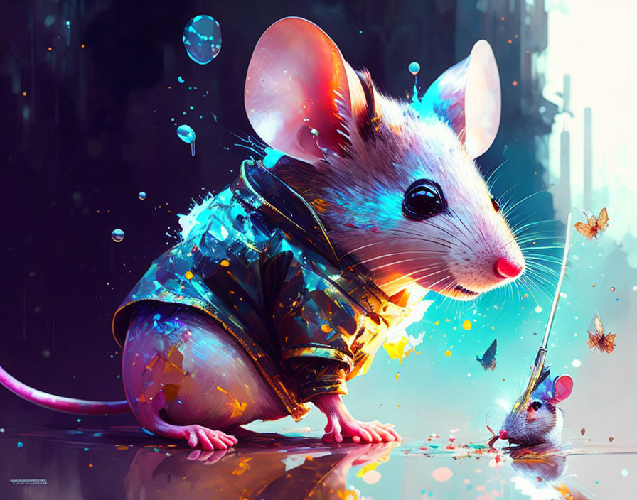 Colorful digital artwork: Mouse in yellow raincoat wields glowing sword, facing reflection with butterflies.