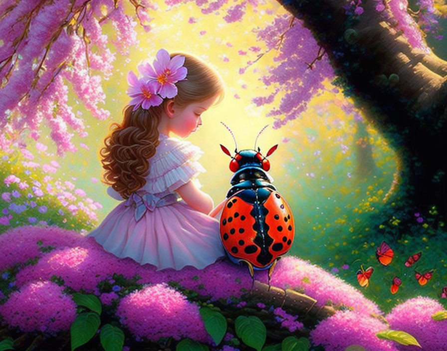 Girl in Pink Dress Observing Ladybug in Flower-Filled Landscape