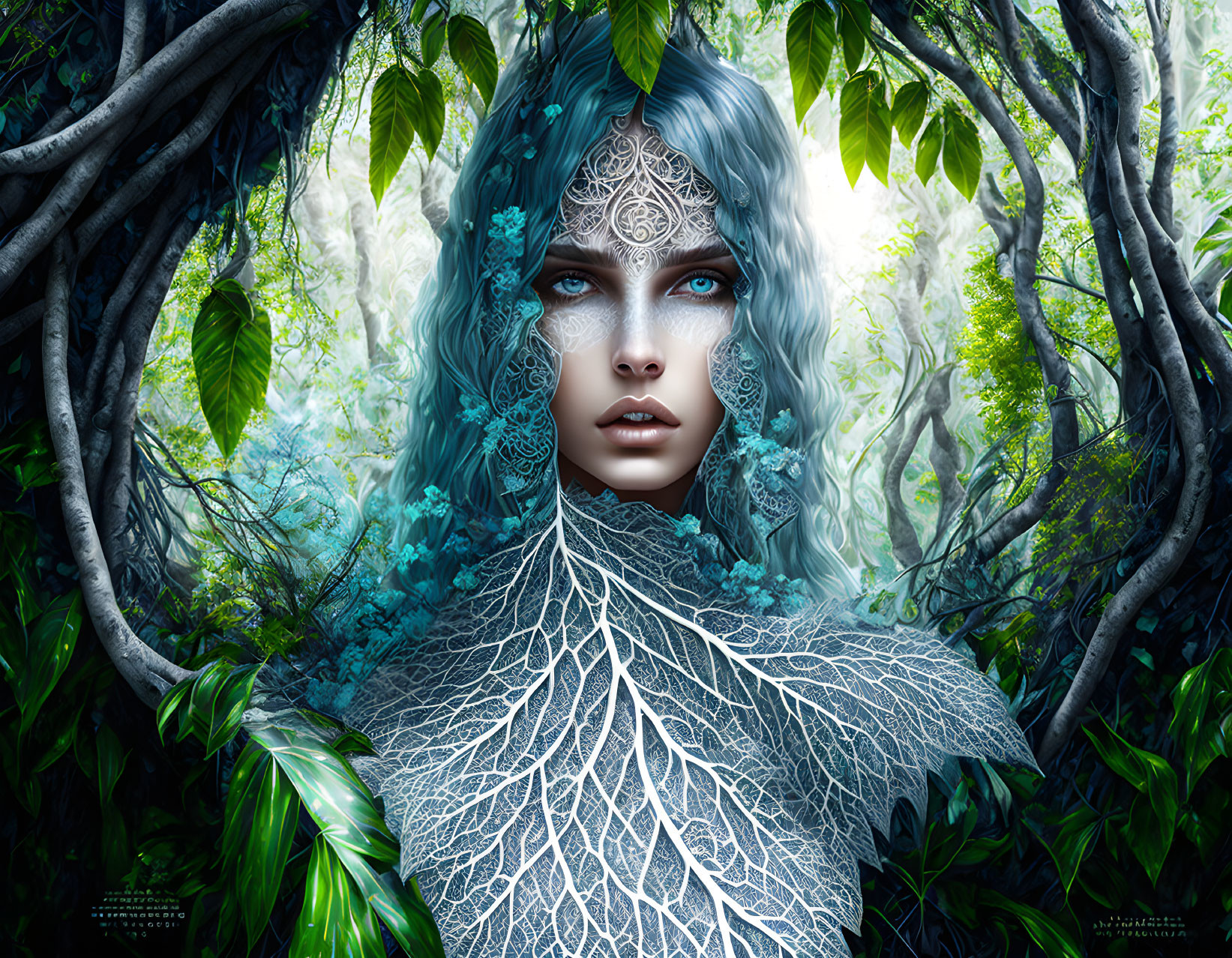 Fantasy digital artwork: Blue-skinned female in silver leaf patterns, vibrant eyes, lush forest.