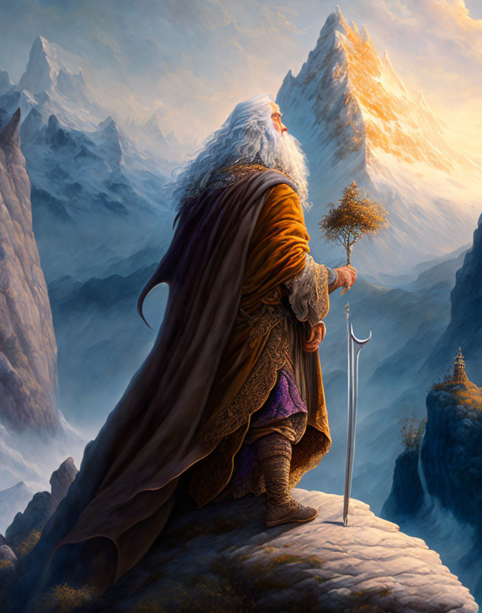 Bearded wizard with staff in mountain landscape at dawn or dusk