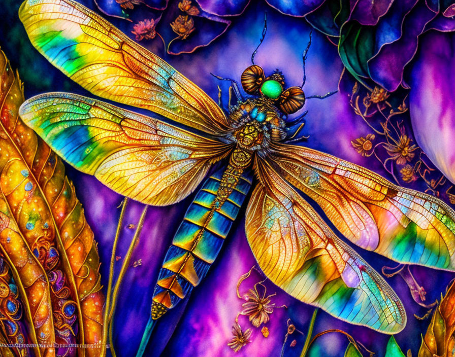 Colorful Dragonfly Close-Up on Iridescent Wings & Plant Background