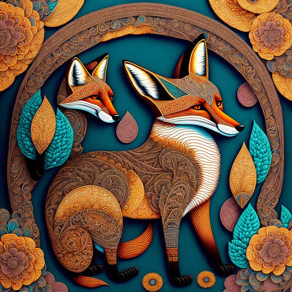 Stylized foxes with intricate patterns in circular floral border on teal background