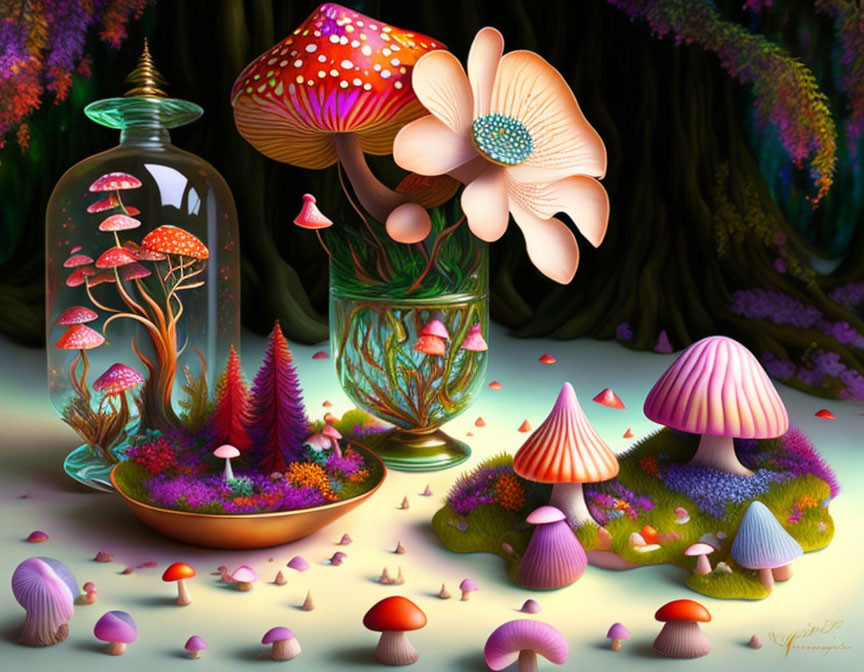 Colorful Mushroom Artwork in Fantasy Forest Setting