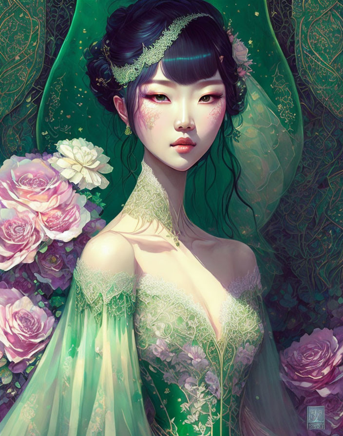 Detailed illustration of woman in green dress with headpiece among vibrant roses.