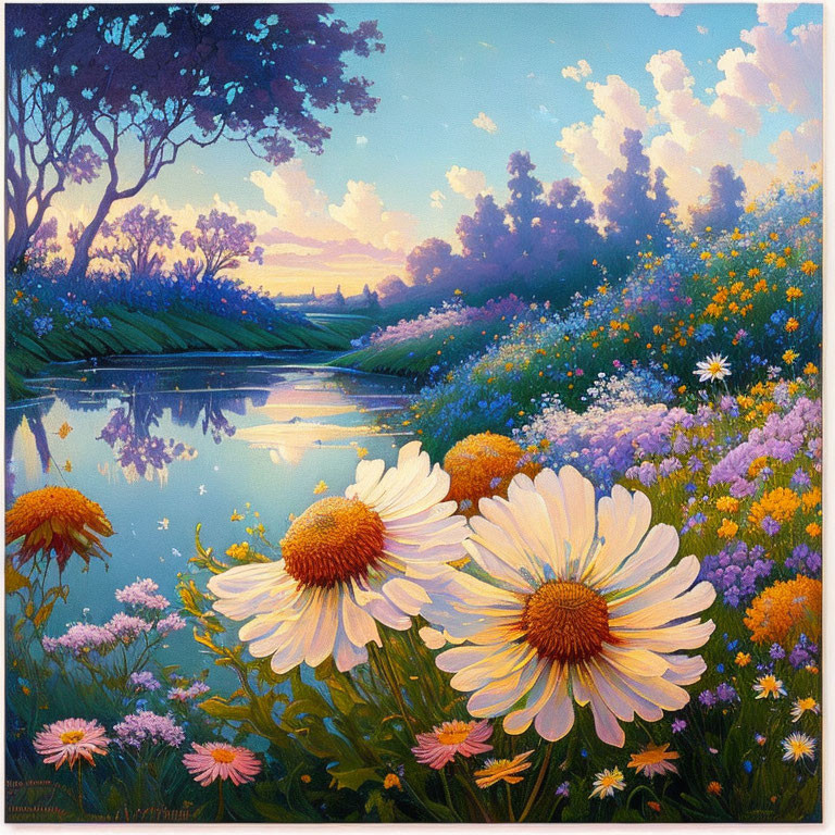 Tranquil river scene with blooming daisies and colorful sky at twilight