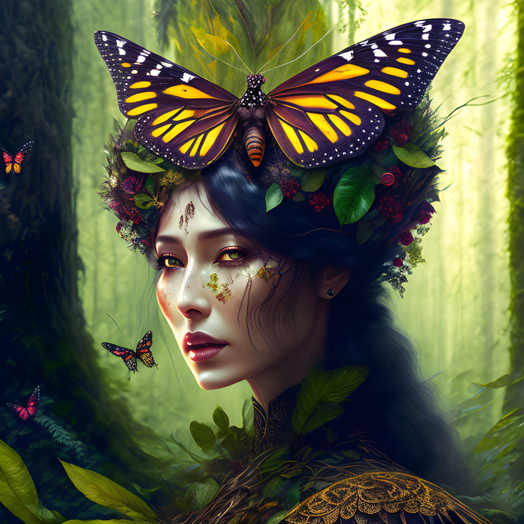 Digital artwork featuring person with butterfly on forehead in mystical forest ambiance