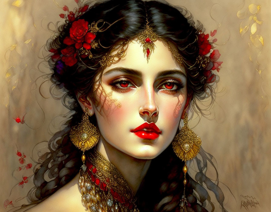 Portrait of woman with red lips, golden jewelry, and autumnal setting