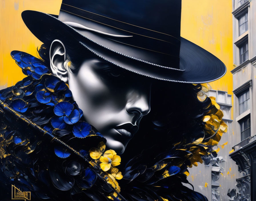 Vibrant street art mural featuring person with shadowed face and floral hat.