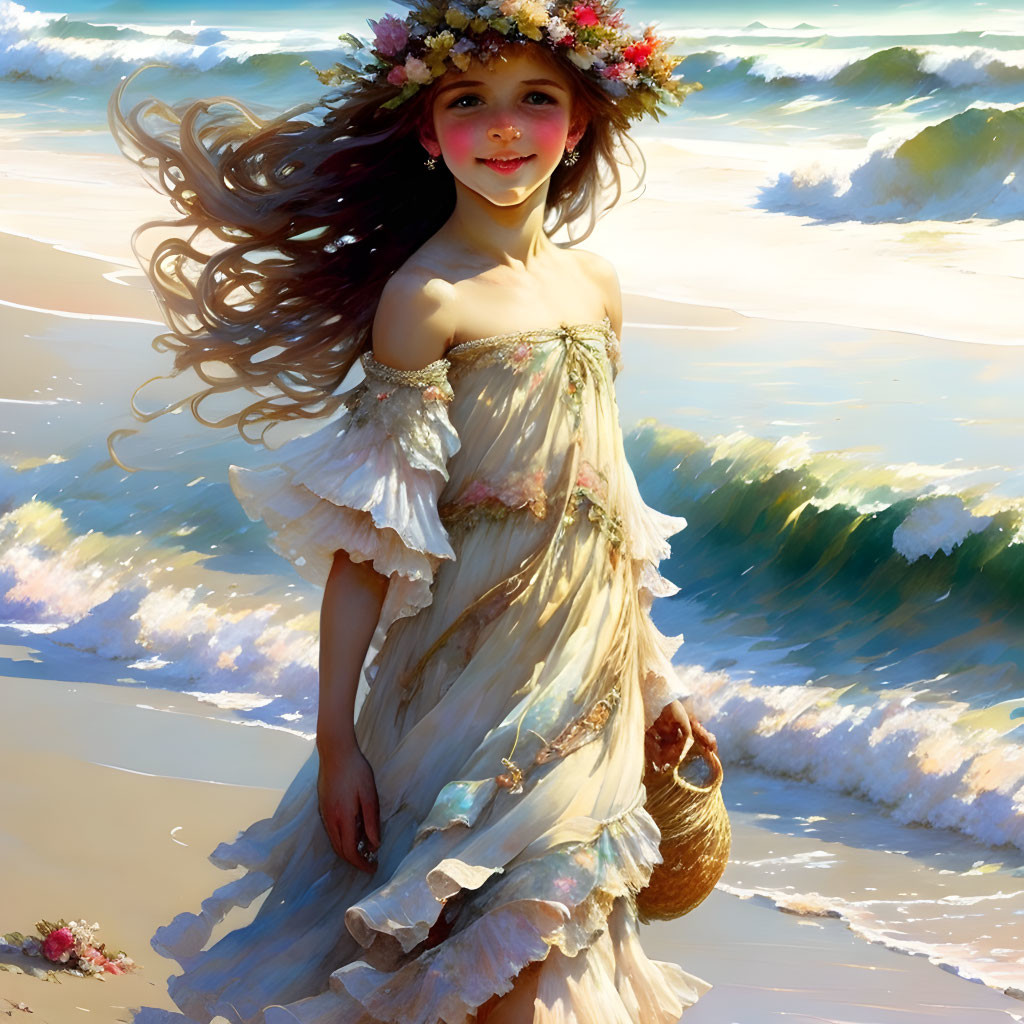 Young girl in floral crown on beach with basket and waves