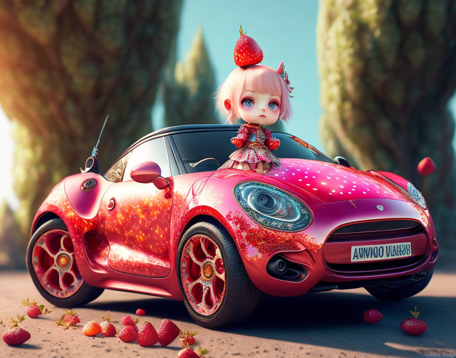 Stylized doll-like character on shiny strawberry car in digital artwork