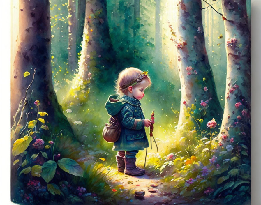 Child in Green Coat Stands in Magical Forest with Sunlight and Flowers