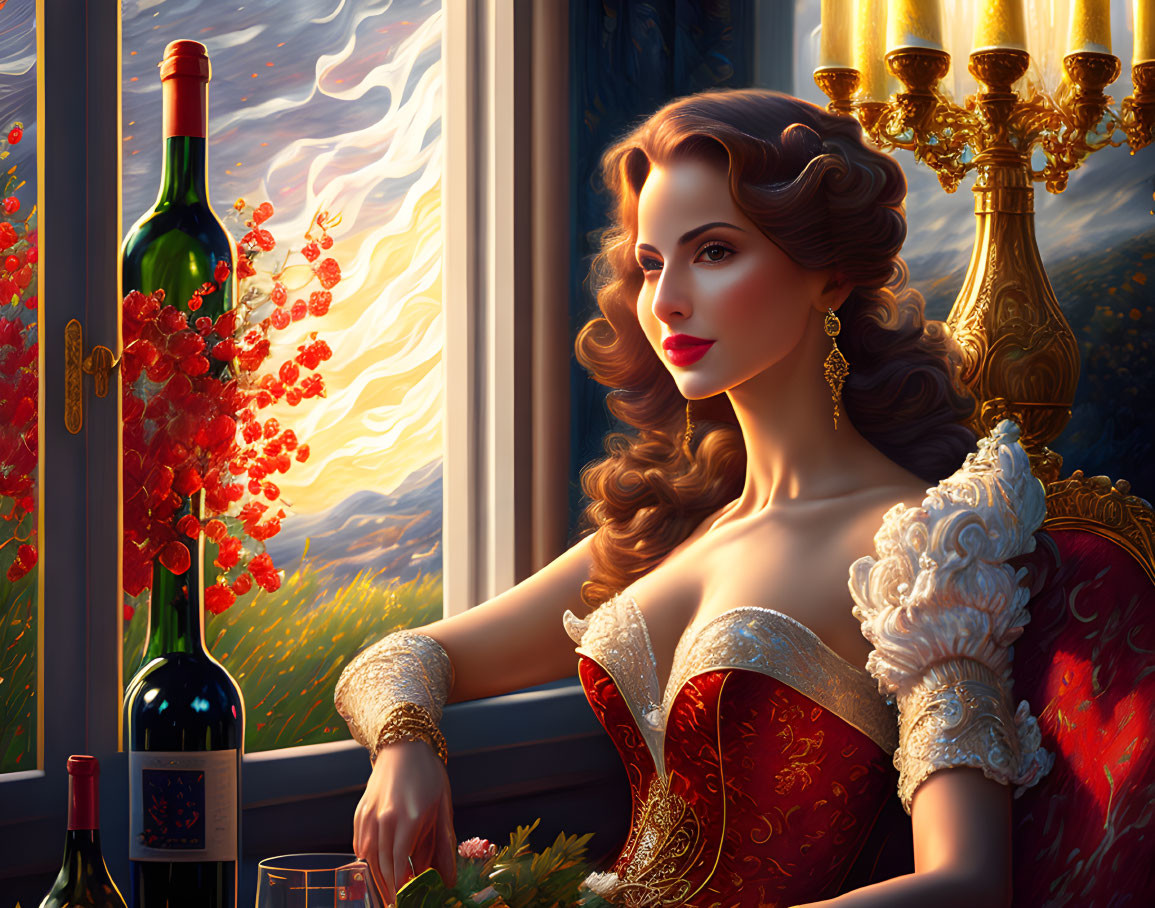 Vintage dress-clad woman by window with wine bottle, basking in warm sunlight.