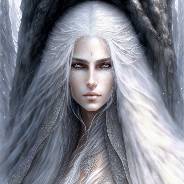 Fantasy character with pale skin, blue eyes, white hair, fur, and silver details.