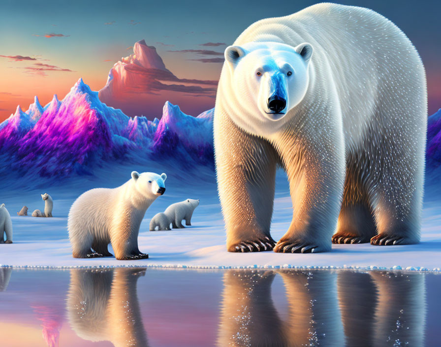 Polar bears family near icy water with colorful icebergs at twilight