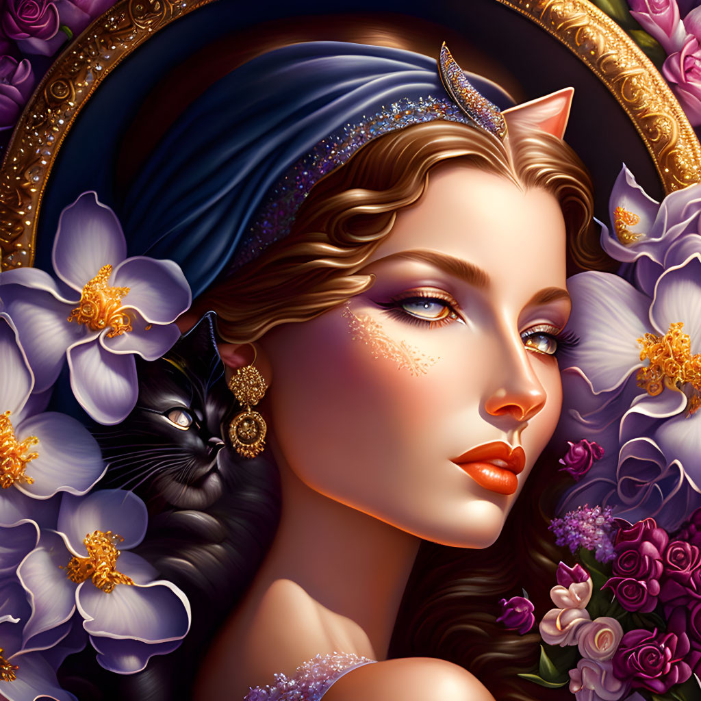 Digital artwork featuring woman with cat ears, blue headpiece, exotic flowers, and black cat