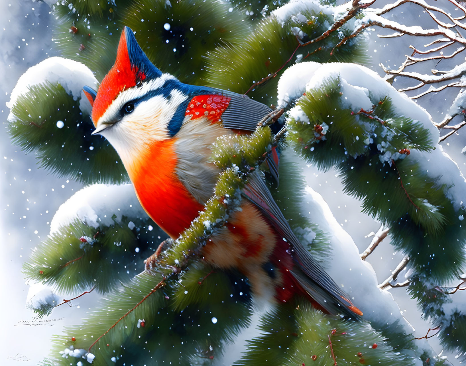 Colorful bird with red crest on snow-covered pine branch in falling snow.