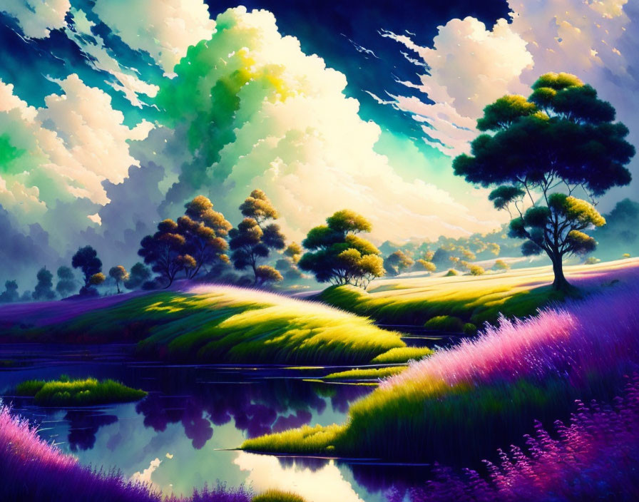 Vibrant landscape painting with lush trees, green hills, waterbody, and dramatic sky