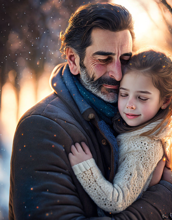 Bearded man embraces young girl in snowy setting