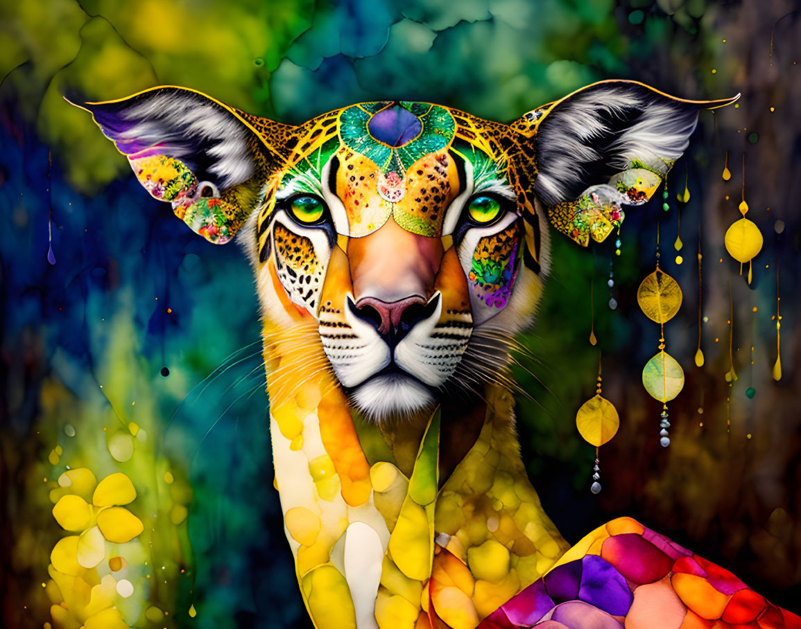 Leopard with vibrant patterns on multicolored backdrop