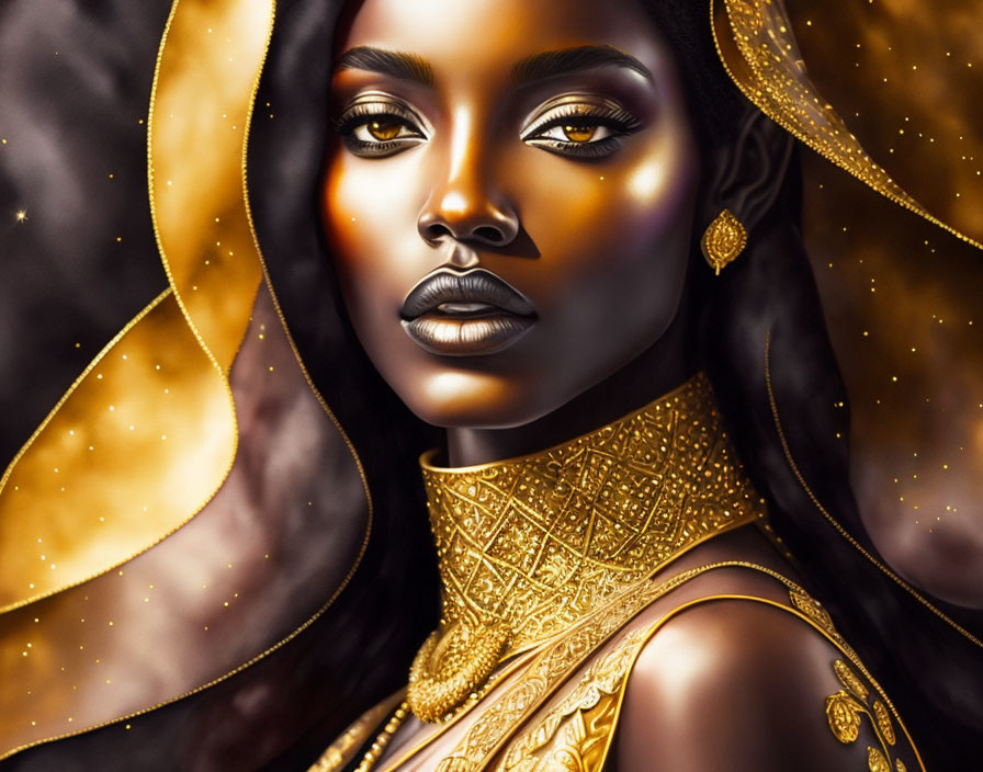 Illustrated portrait of dark-skinned woman in gold jewelry against starry backdrop