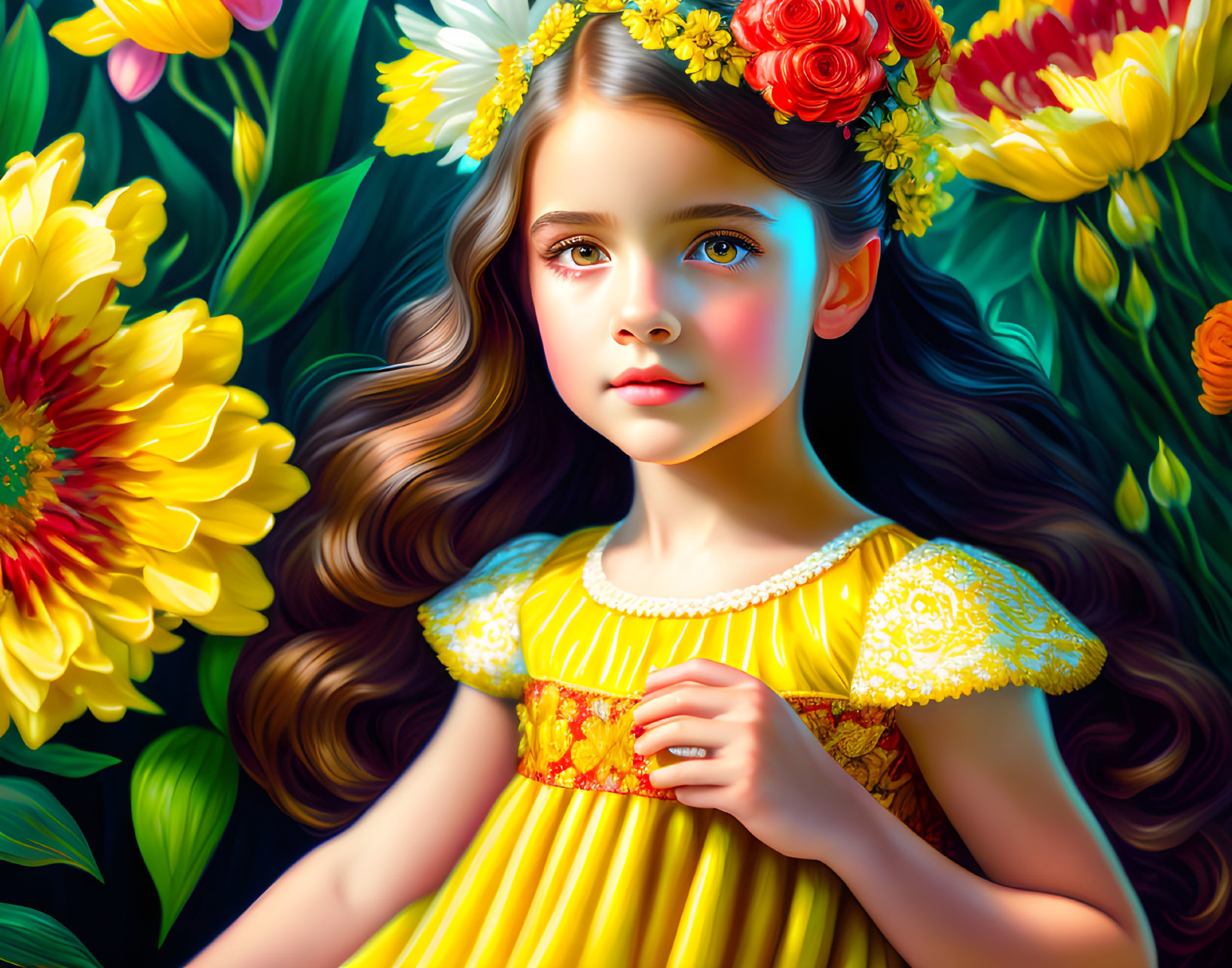 Young girl digital portrait with blue eyes, brown hair, flowers, yellow dress, lush greenery.