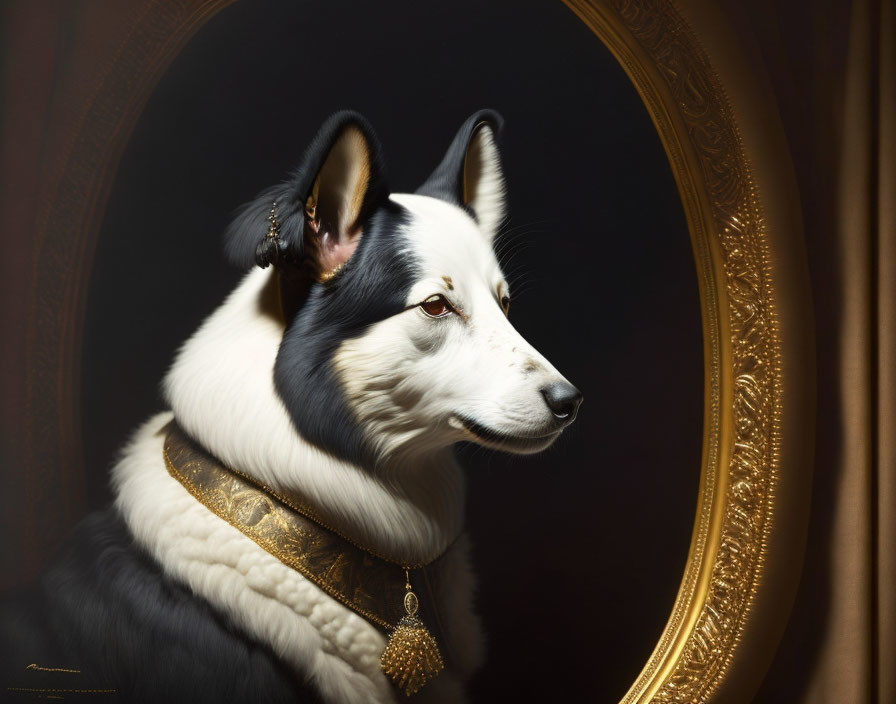 Regal Black and White Dog with Golden Collar in Ornate Oval Frame