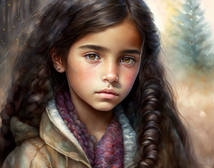 Young girl digital painting: wavy dark hair, brown eyes, warm scarf