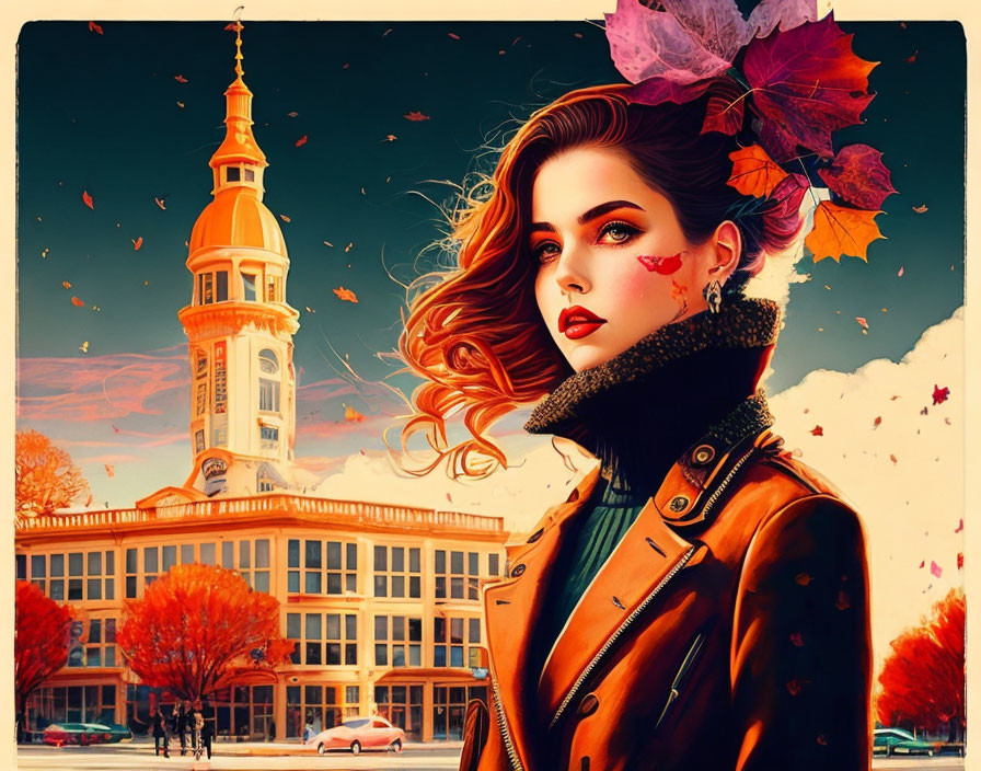 Illustrated woman with striking makeup and autumn leaves in her hair in front of classic building with spire