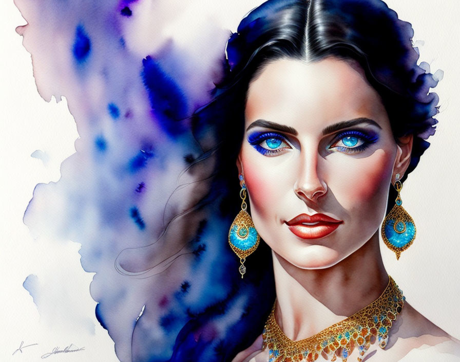 Colorful Watercolor Illustration of Woman with Blue Eyes and Golden Jewelry