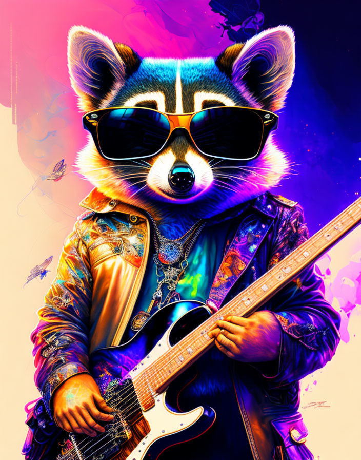 Vibrant raccoon illustration with sunglasses, jacket, and guitar