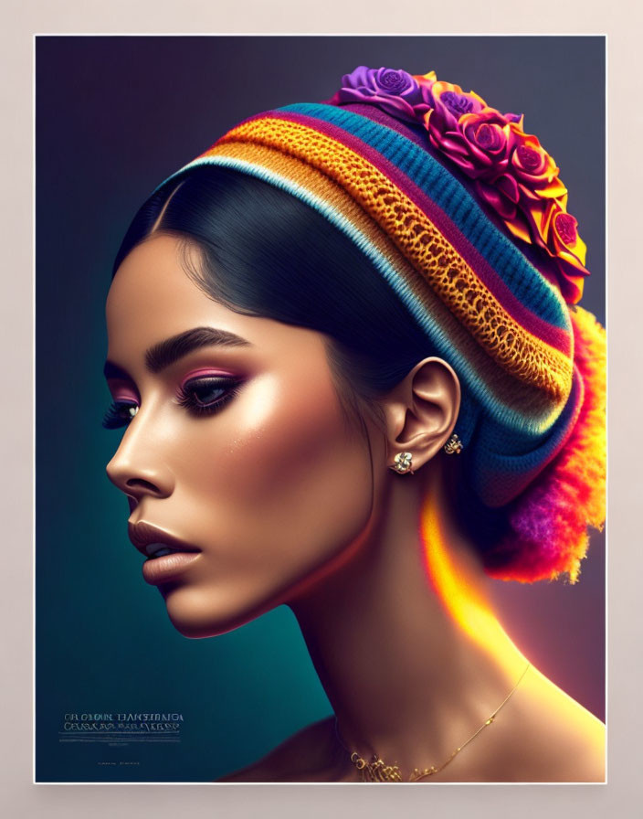 Vibrant side-profile portrait of a woman with colorful makeup and headwrap