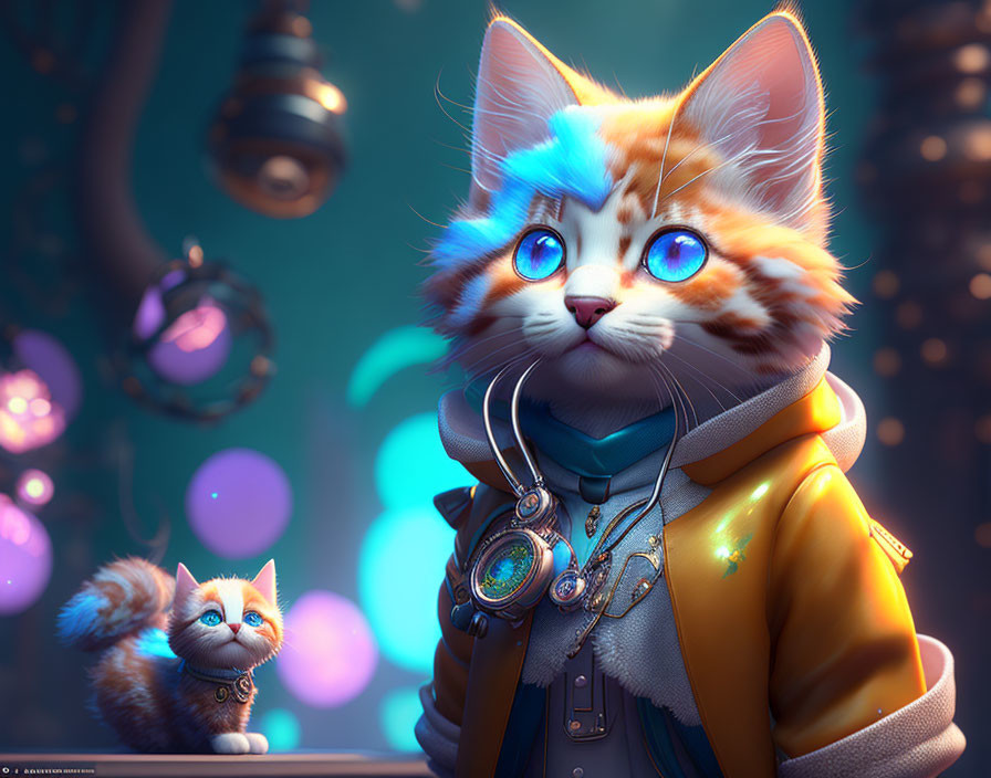 Detailed 3D anthropomorphic cat with blue eyes in jacket and headphones, with kitten in fantasy setting