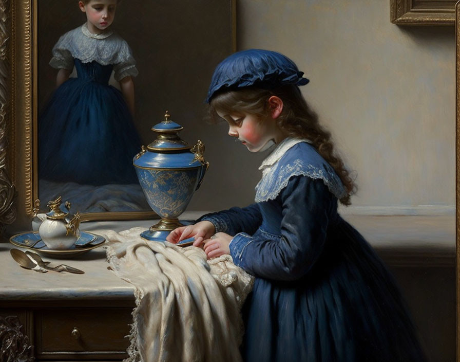 Young girl in blue dress embroidering with mirror reflection.