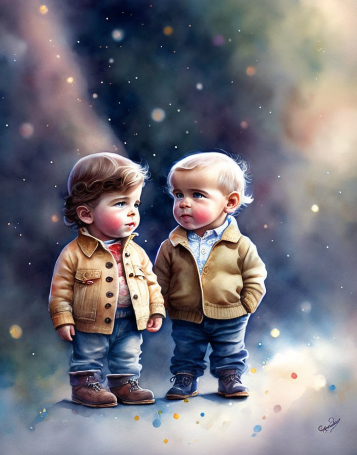 Two toddler boys with curly hair in jackets and jeans against whimsical light background