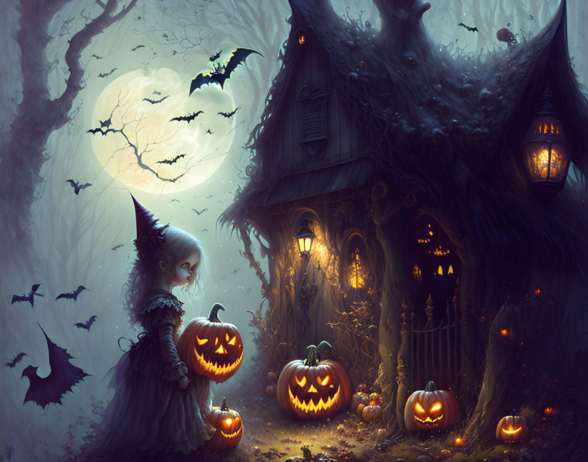 Child in witch costume with pumpkin bucket by spooky house and full moon