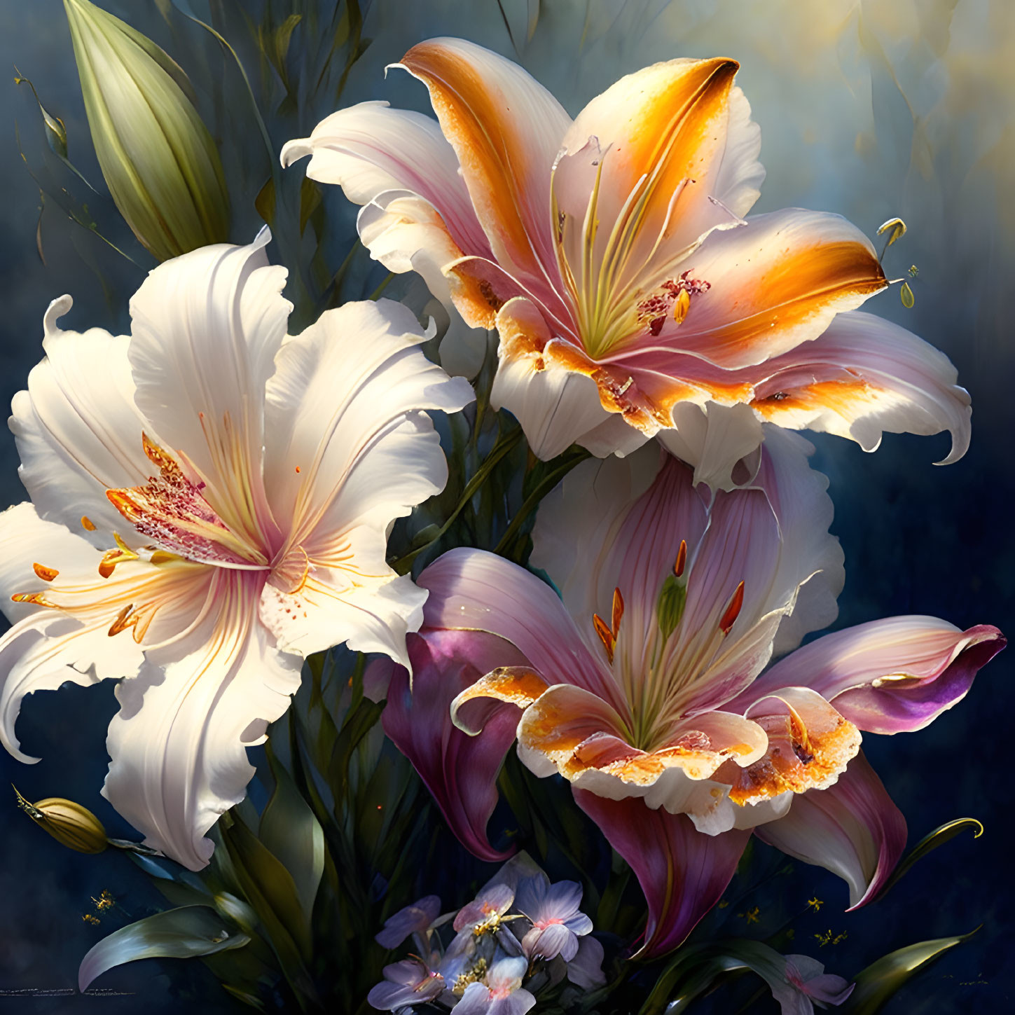 Vibrant digital artwork: Yellow and purple lilies with water droplets