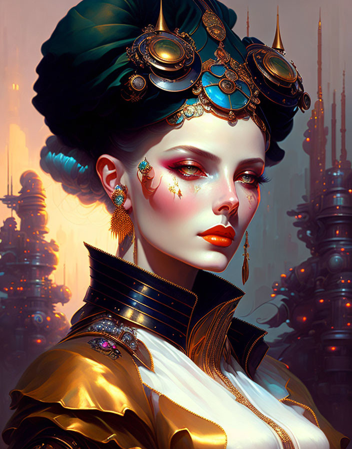 Futuristic digital artwork of woman in regal attire against cityscape