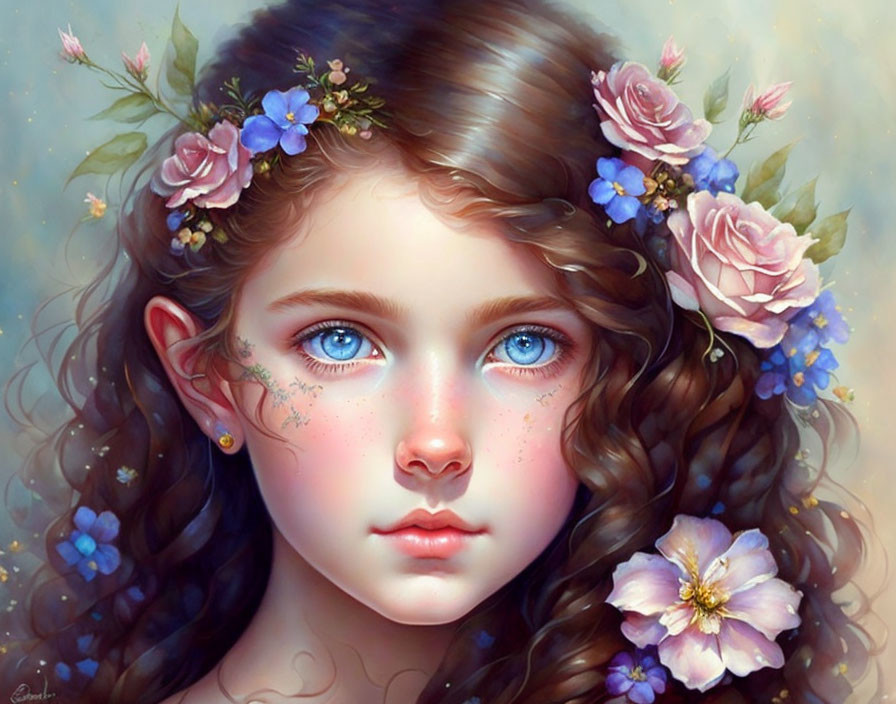 Young girl with blue eyes and floral wreath in digital art