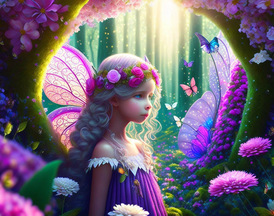 Fantasy image of young girl with butterfly wings in vibrant floral setting