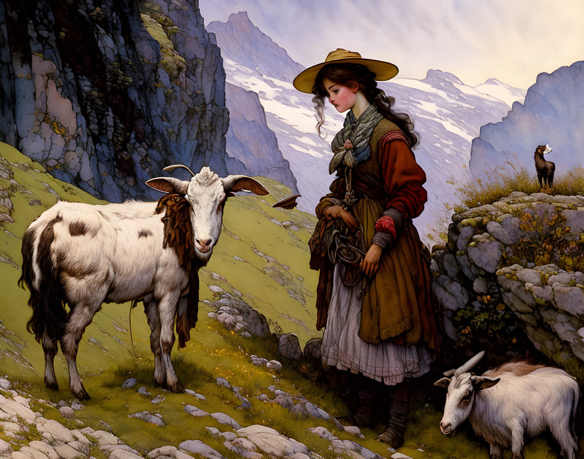 Vintage-clad woman on mountain path with goats and snow-capped peaks