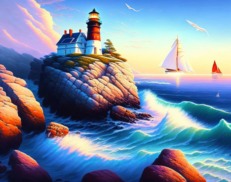 Lighthouse on rocky cliff with crashing waves and sailboats at sunset