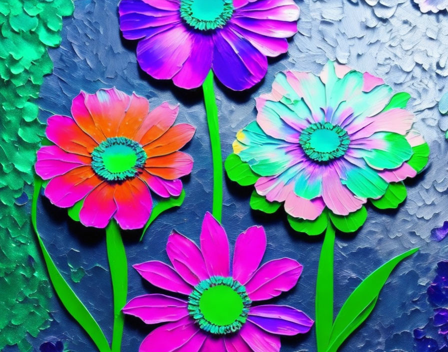 Colorful Paper Flowers on Textured Blue Background